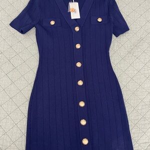 Endless Rose Elle Navy Ribbed Mini Dress with Gold Buttons